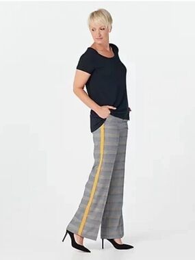 G.I.L.I. Wide-Leg Plaid Pants with Stripe Detail Navy Gold Size 8P